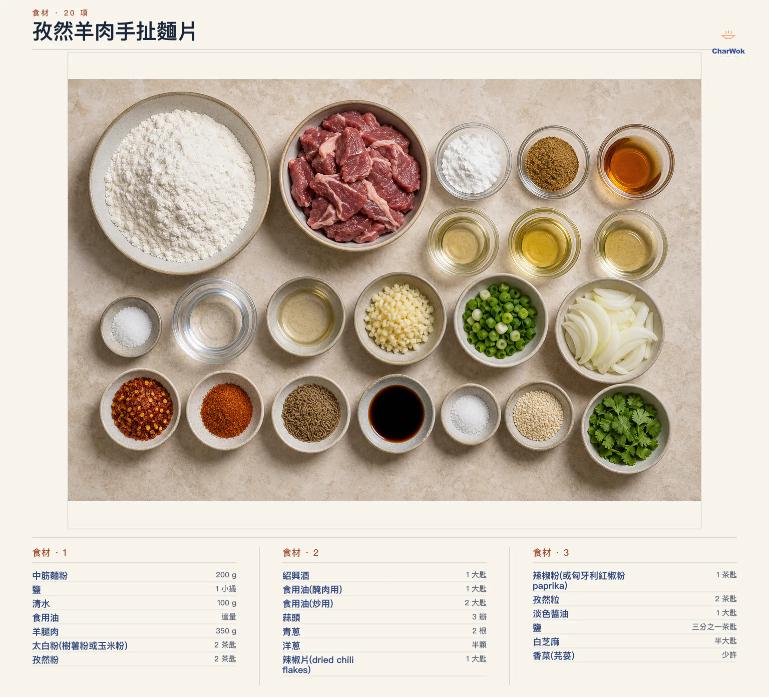 孜然羊肉手扯麵片完整食材俯拍平鋪圖