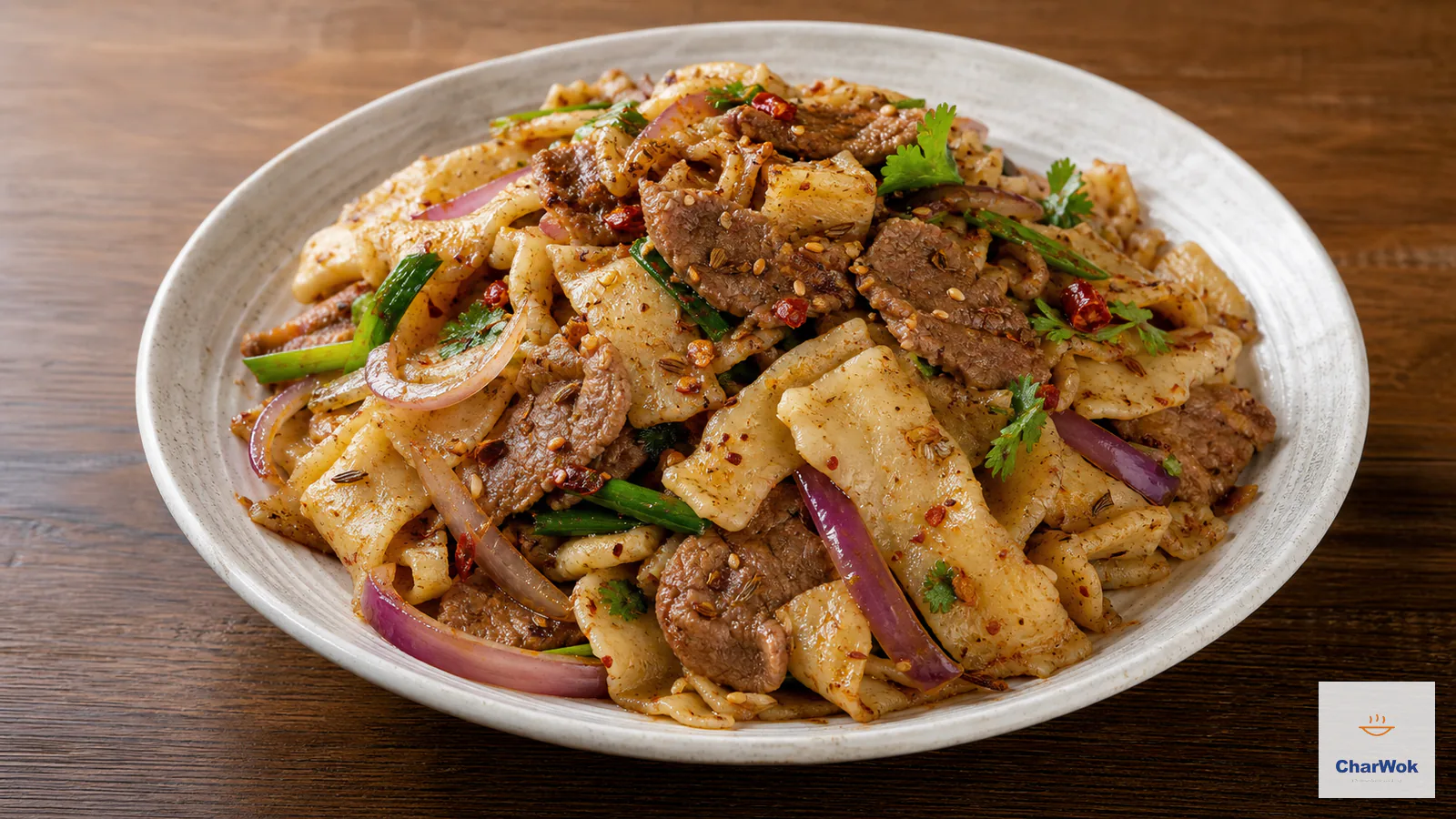 Irregular hand-torn noodle flats tossed with browned cumin lamb, red onion, scallion, chilli and sesame