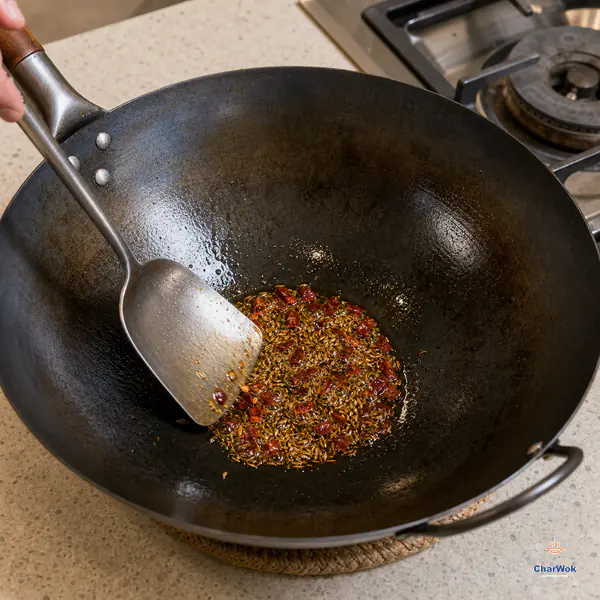 Whole cumin seeds and coarse dried chilli flakes bubble gently in residual oil inside a wok set off the unlit burner