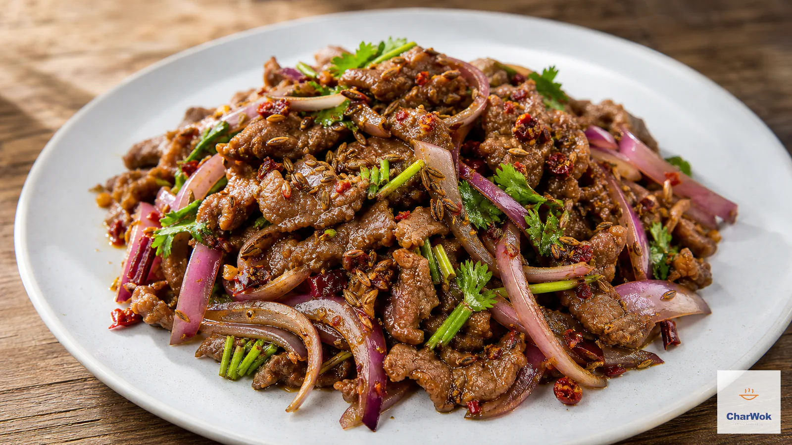 Juicy cumin lamb with red onion, whole cumin seeds, dried chilli and fresh cilantro
