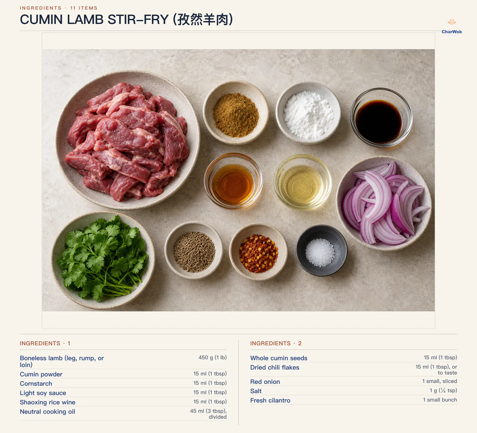 Ingredients for Cumin Lamb Stir-Fry (孜然羊肉), arranged in a top-down flat lay