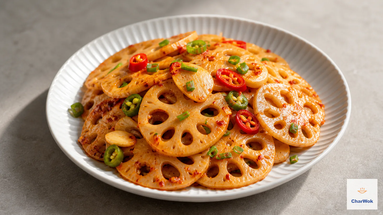 Glossy thin lotus root slices coated with red chilli bean paste and topped with fresh red and green chilli and scallion