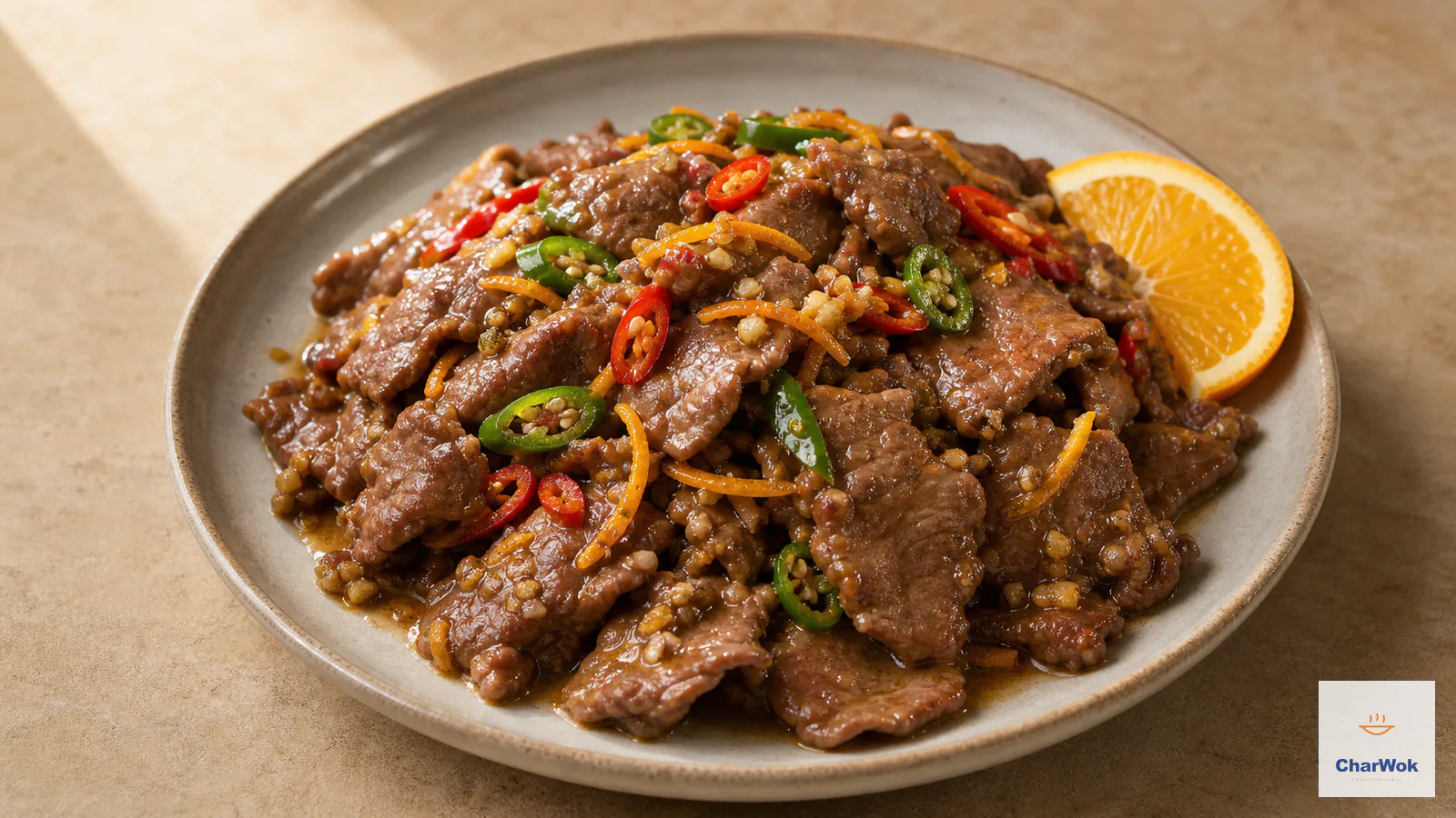 Glossy spicy orange beef with fine orange zest, fresh red and green chilli, ginger and garlic