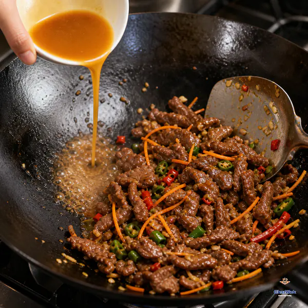 Orange-soy sauce pours onto the exposed hot wok edge beside beef, fine orange zest and fresh chilli while the meat develops a glossy clinging coat