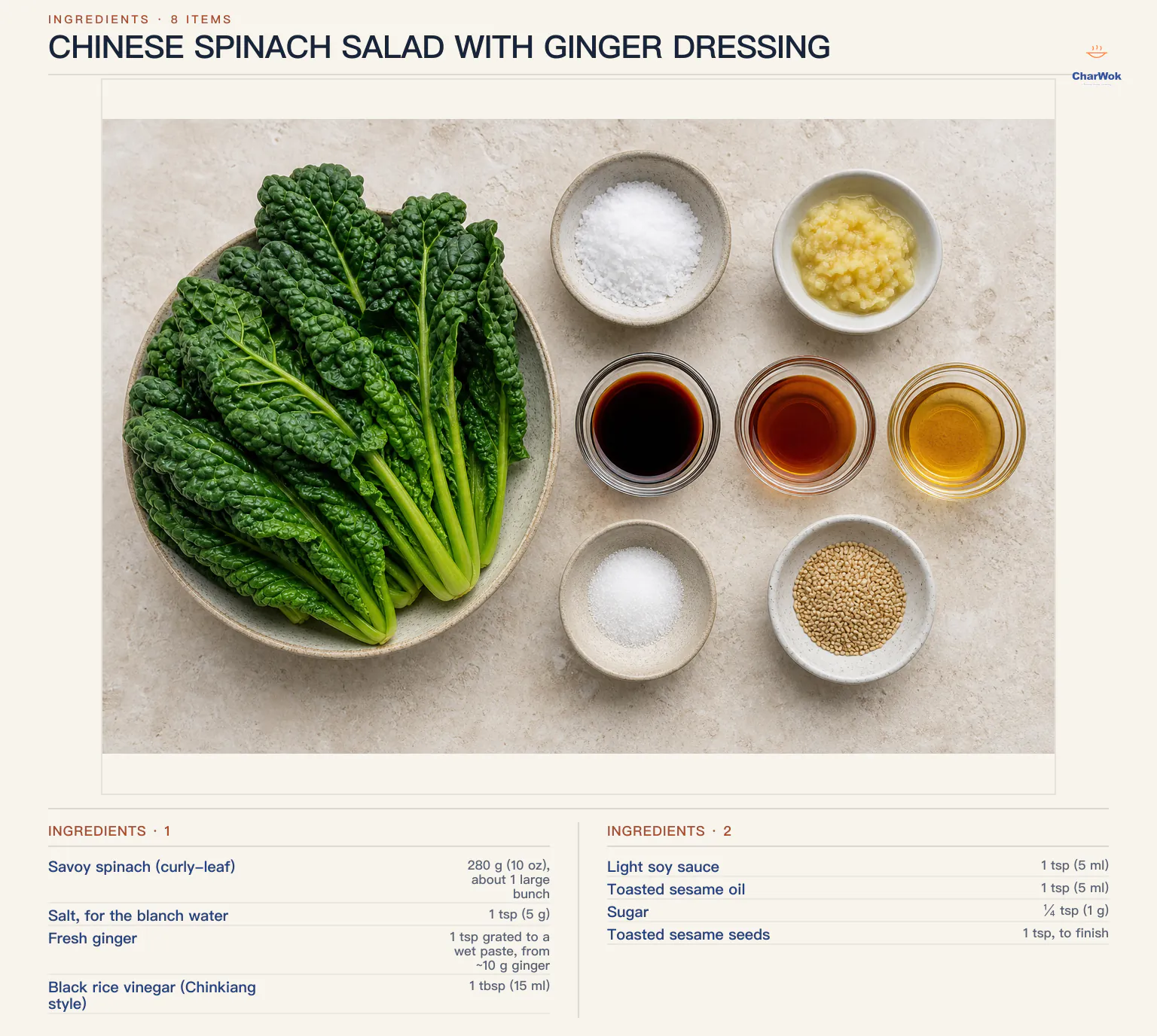 Ingredients for Chinese Spinach Salad with Ginger Dressing, arranged in a top-down flat lay