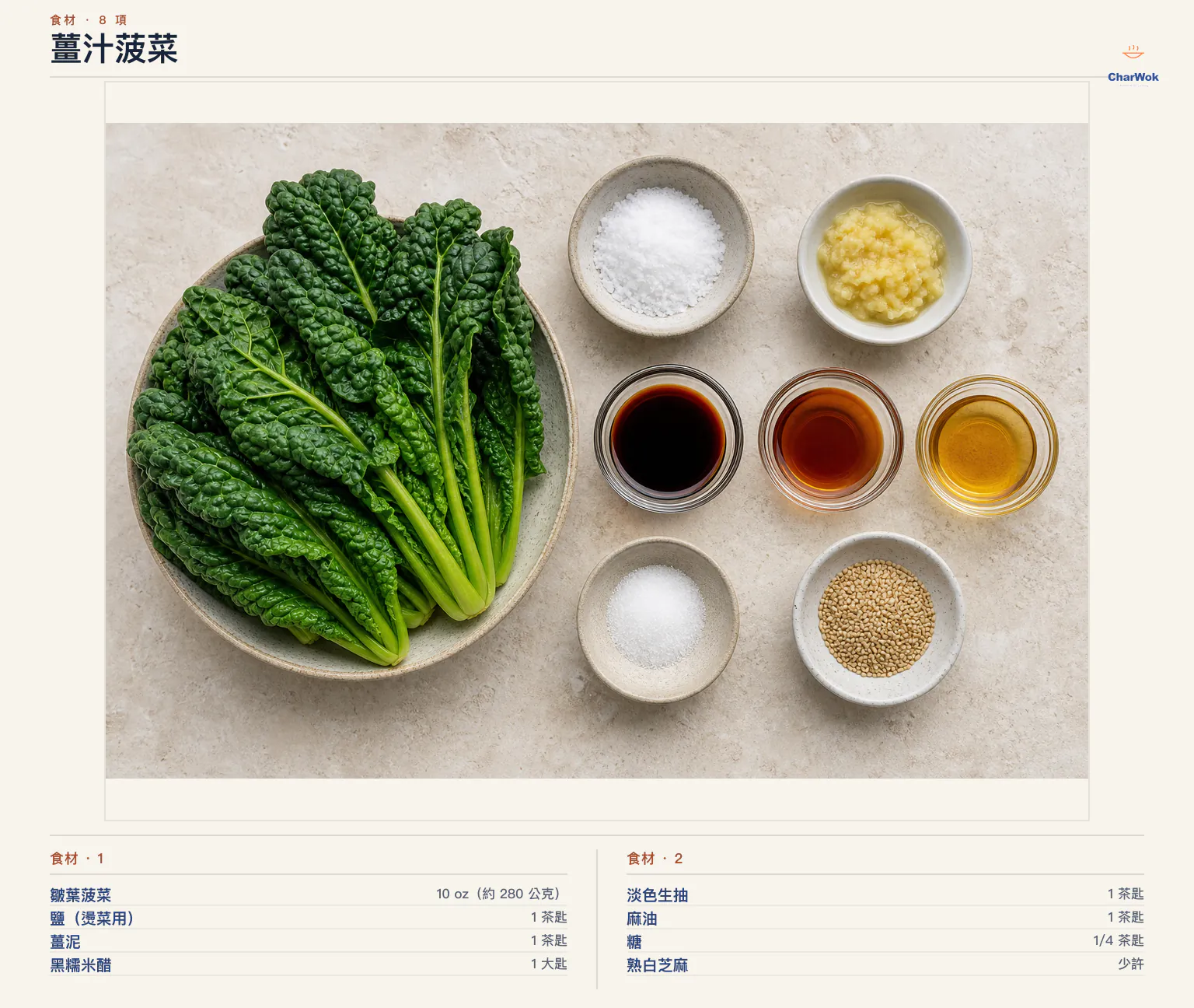 薑汁菠菜完整食材俯拍平鋪圖