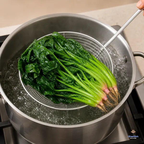 An intact bunch of vivid emerald Savoy spinach drains on a wire skimmer above vigorously boiling water with the firm pink root ends still together