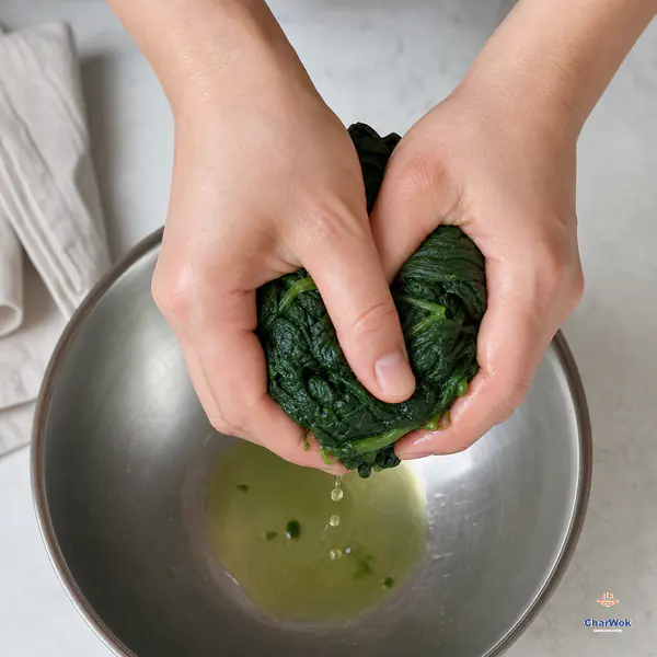 Two hands firmly squeeze cooled dark-green spinach into a dense bundle over a metal bowl while only a few green-tinted drops fall