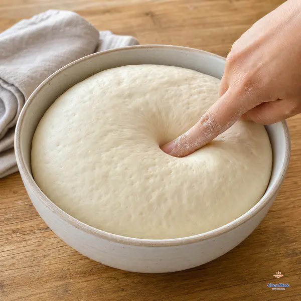 A lightly floured finger presses a deep dent into smooth domed yeast dough that has risen to fill a wide ceramic bowl
