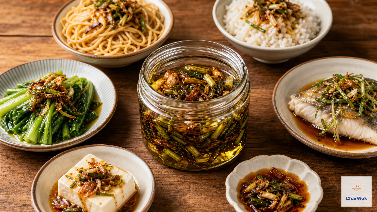 A clear jar of golden scallion and shallot oil surrounded by noodles, rice, blanched greens, steamed fish, tofu and a small dipping dish topped with fried alliums