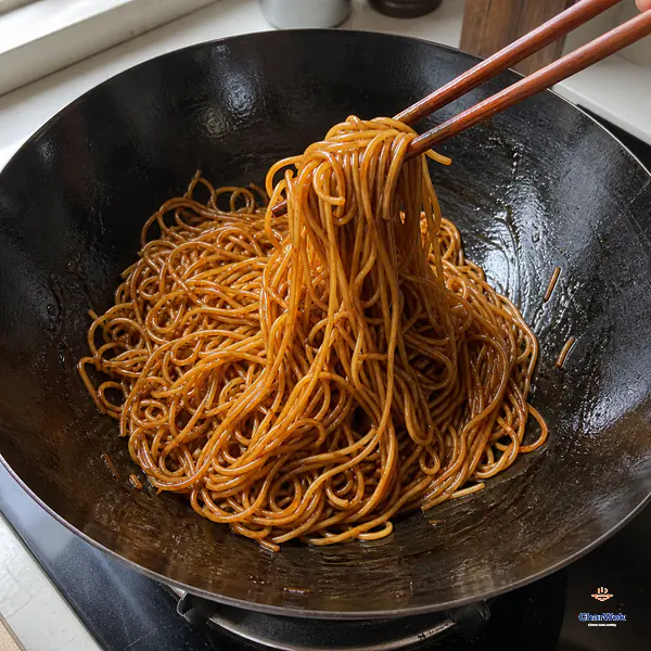 Wooden cooking chopsticks lift separate wheat noodles whose strands are evenly coated in a translucent glossy chestnut-brown sauce inside a wok