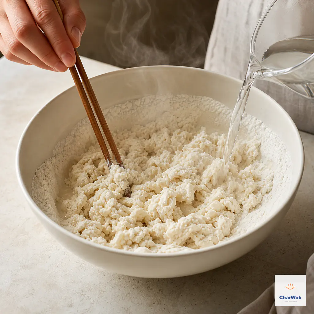 A glass jug pours hot water into all-purpose flour while wooden chopsticks stir rough shaggy clumps in a heatproof ceramic bowl