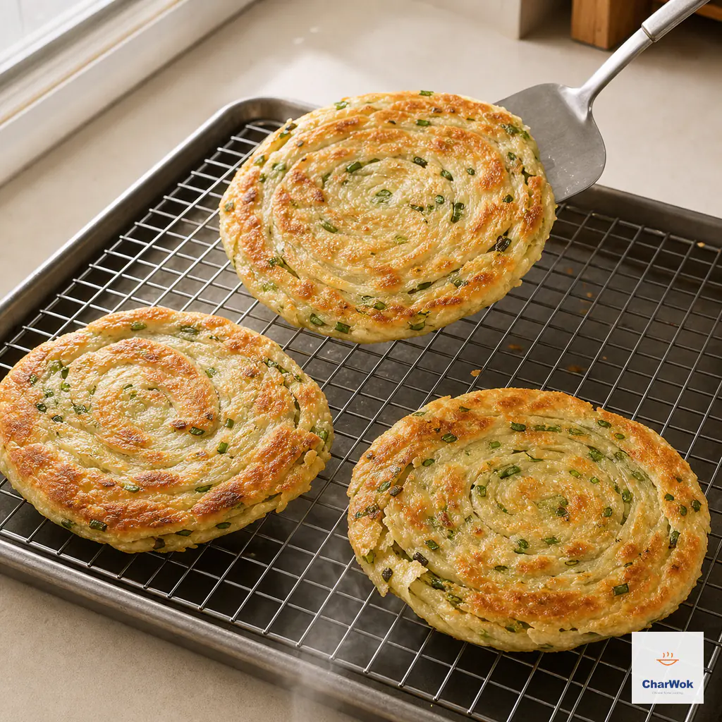 A metal spatula transfers a crisp golden scallion pancake onto a wire rack beside two other finished pancakes with clearly visible spiral layers