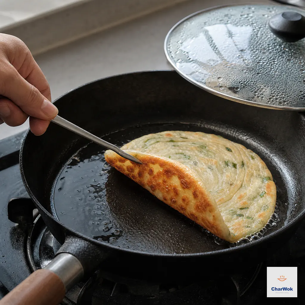 A metal spatula lifts the edge of a scallion pancake in a lightly oiled skillet to reveal a deep-golden underside while a glass lid is held above the pan