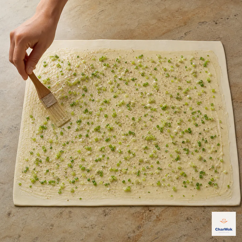 A pastry brush spreads flour-thickened lard paste over a large thin rectangular dough sheet scattered evenly with finely chopped scallions