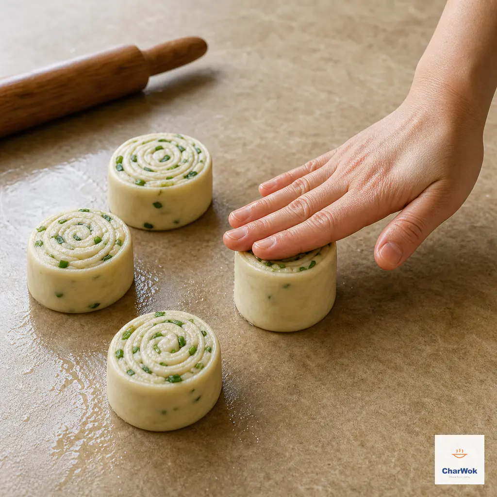 Four upright scallion-dough cylinders show concentric spiral layers while one clean hand gently presses a cylinder downward on its cut end