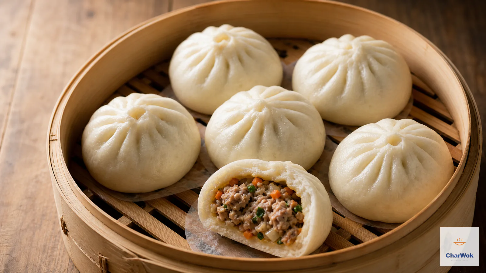 Round white pleated steamed pork buns in a bamboo basket with one cut open to show pork, carrot, onion and cilantro filling