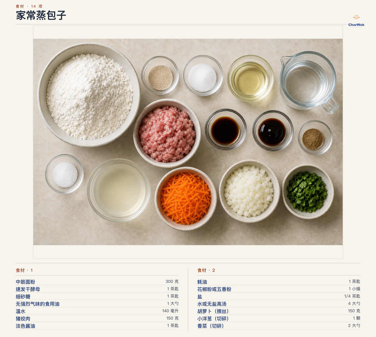 家常蒸包子完整食材俯拍平铺图