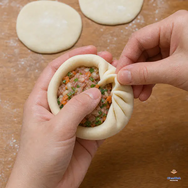 Two hands gather the thin rim of a raw dough wrapper into pleats around pork filling flecked with carrot, onion and cilantro, pinching the last opening closed