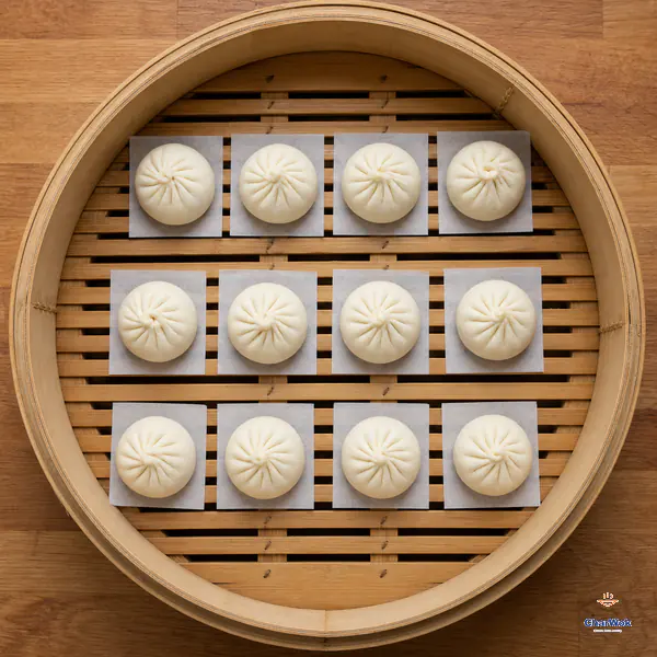 Exactly twelve raw pleated pork buns sit in three rows of four on individual parchment squares inside a bamboo steamer with clear space between them