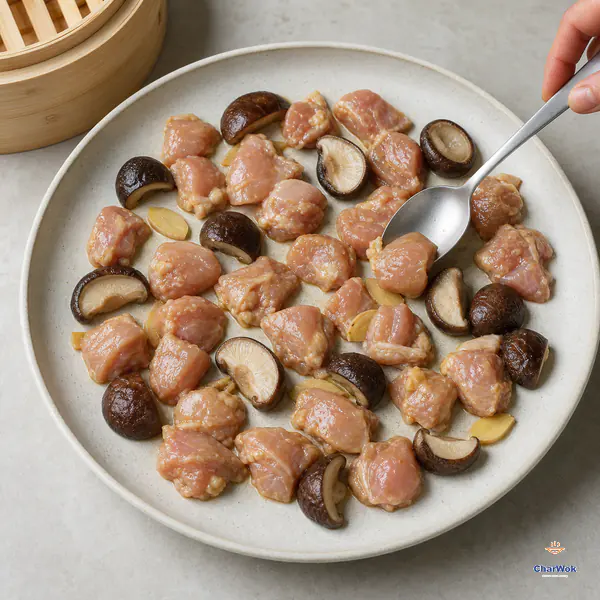 A spoon spreads raw marinated chicken thigh chunks, hydrated shiitake mushrooms and ginger slices in one loose layer across a wide slightly deep plate