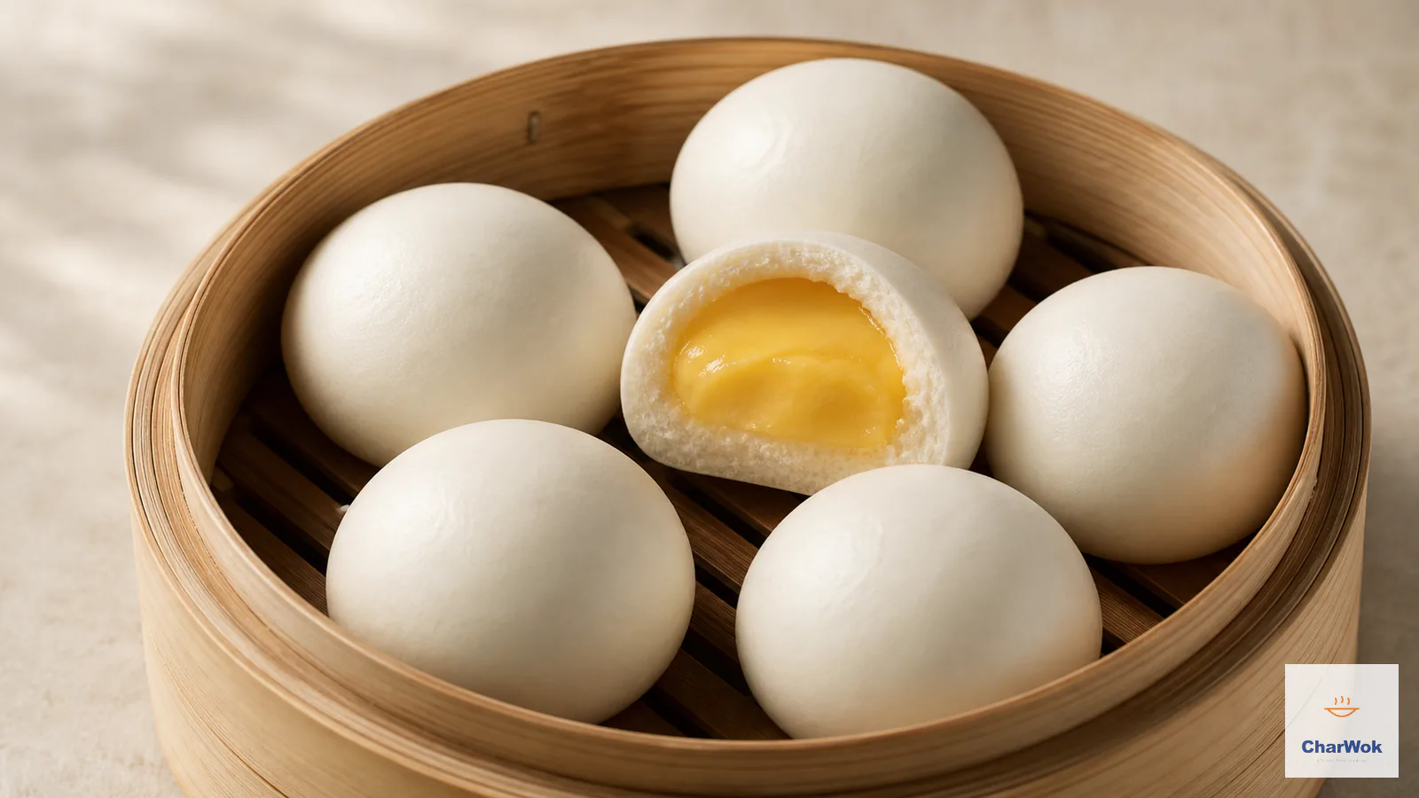 Smooth white steamed custard buns in a bamboo basket with one cut open to show the creamy yellow filling