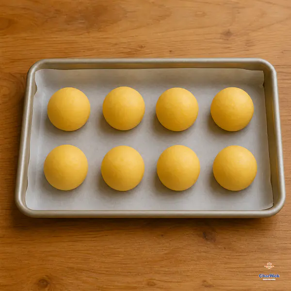 Exactly eight smooth firm pale-golden custard filling rounds are arranged in two rows of four on a parchment-lined tray