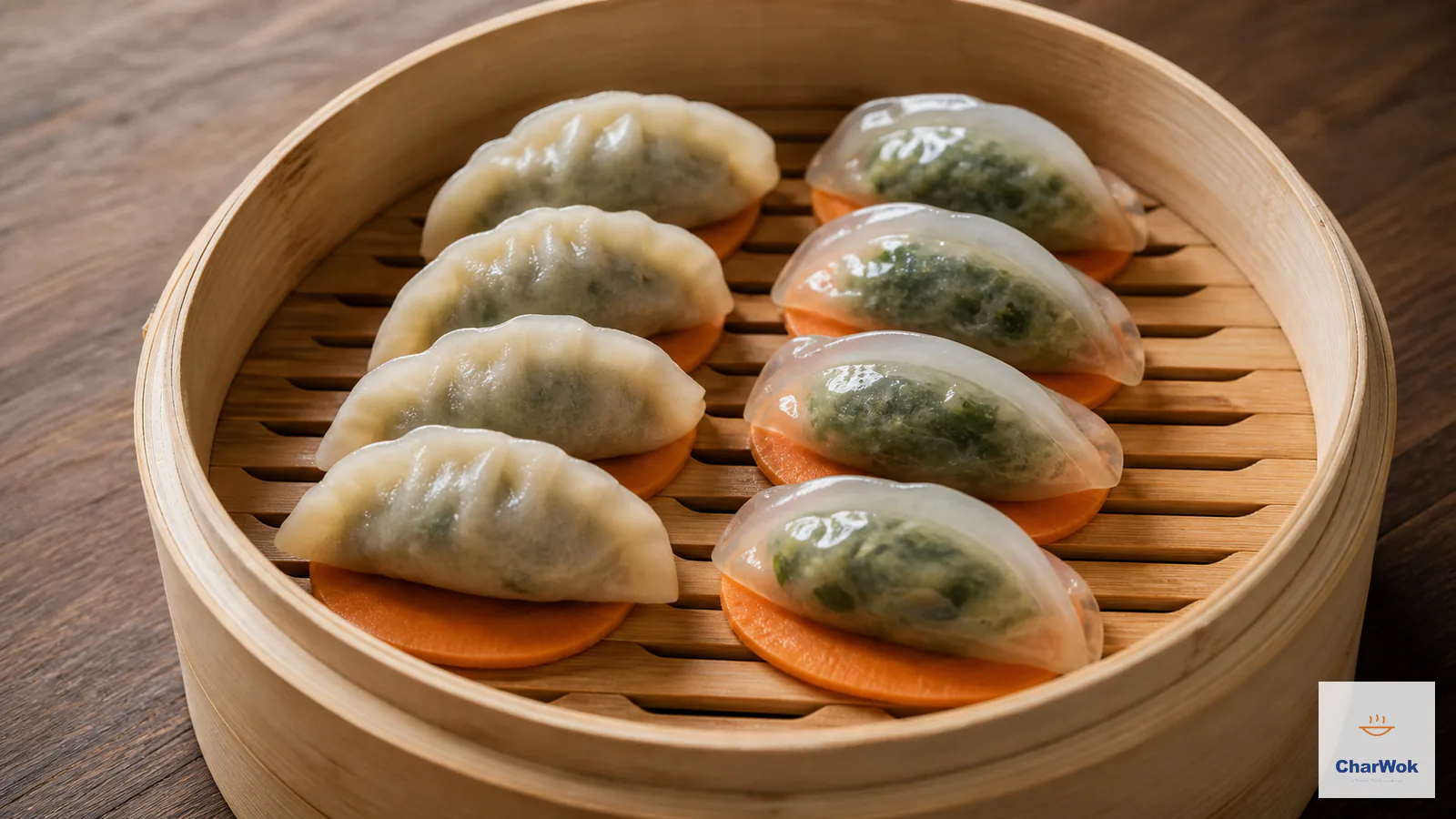 Bamboo steamer holding opaque flour-wrapper dumplings and translucent crystal dumplings on round carrot slices