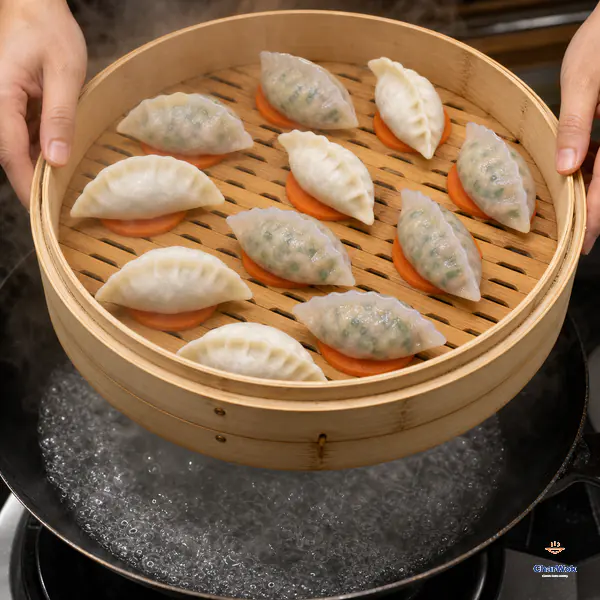 A bamboo basket of spaced opaque flour dumplings and faintly translucent crystal dumplings on carrot slices is lowered over vigorously boiling water
