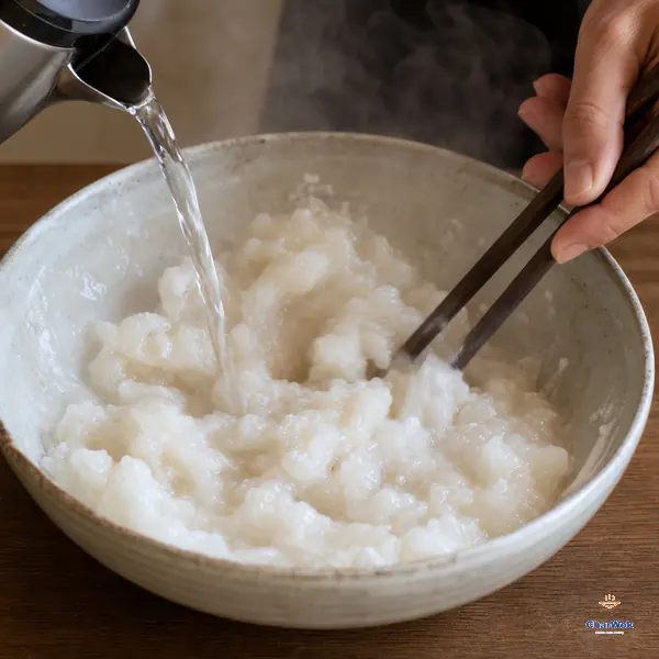 Freshly boiling water streams into mixed wheat and tapioca starch while chopsticks rapidly stir the hot mixture into a lumpy wet paste