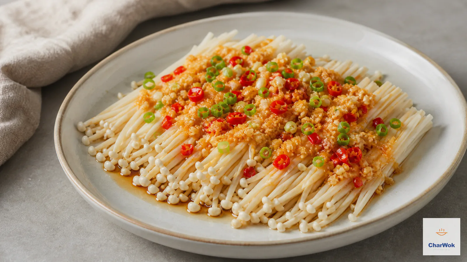 Steamed enoki mushroom bundles covered with garlic, fresh red chilli, scallion and savory sauce