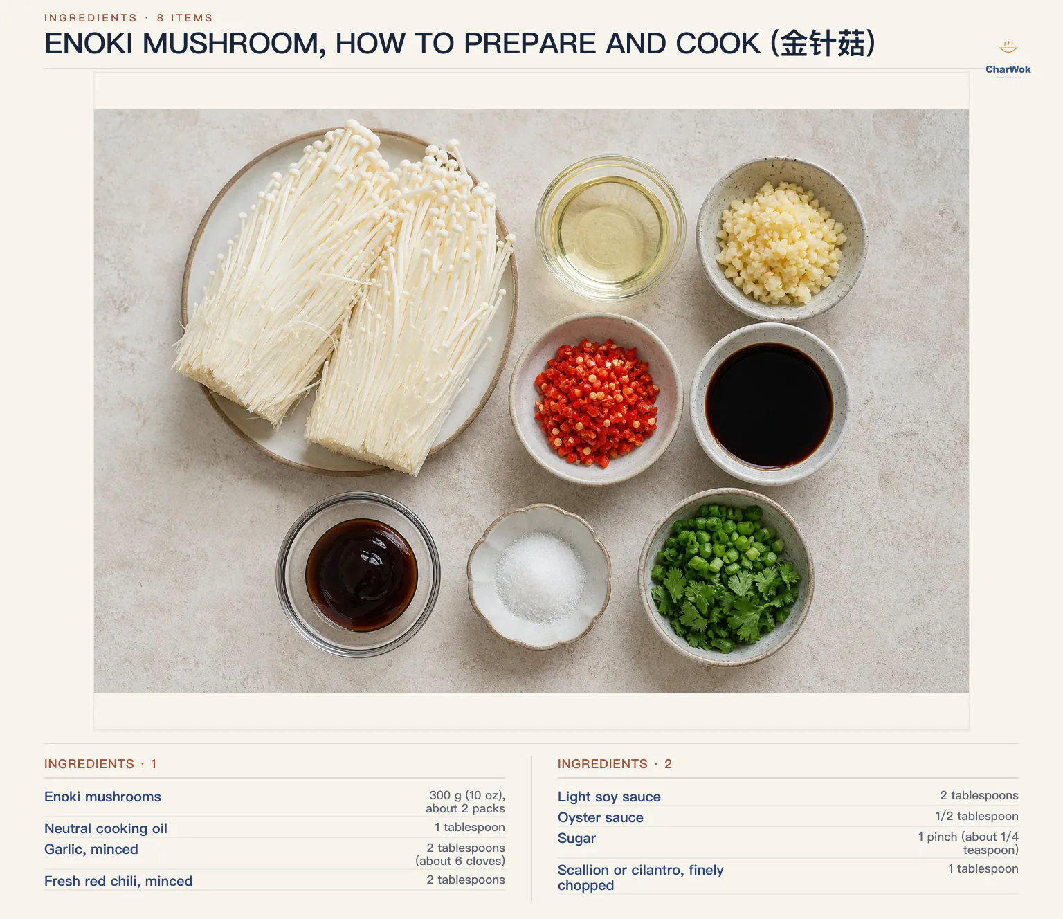 Ingredients for Enoki Mushroom, How To Prepare and Cook (金针菇), arranged in a top-down flat lay