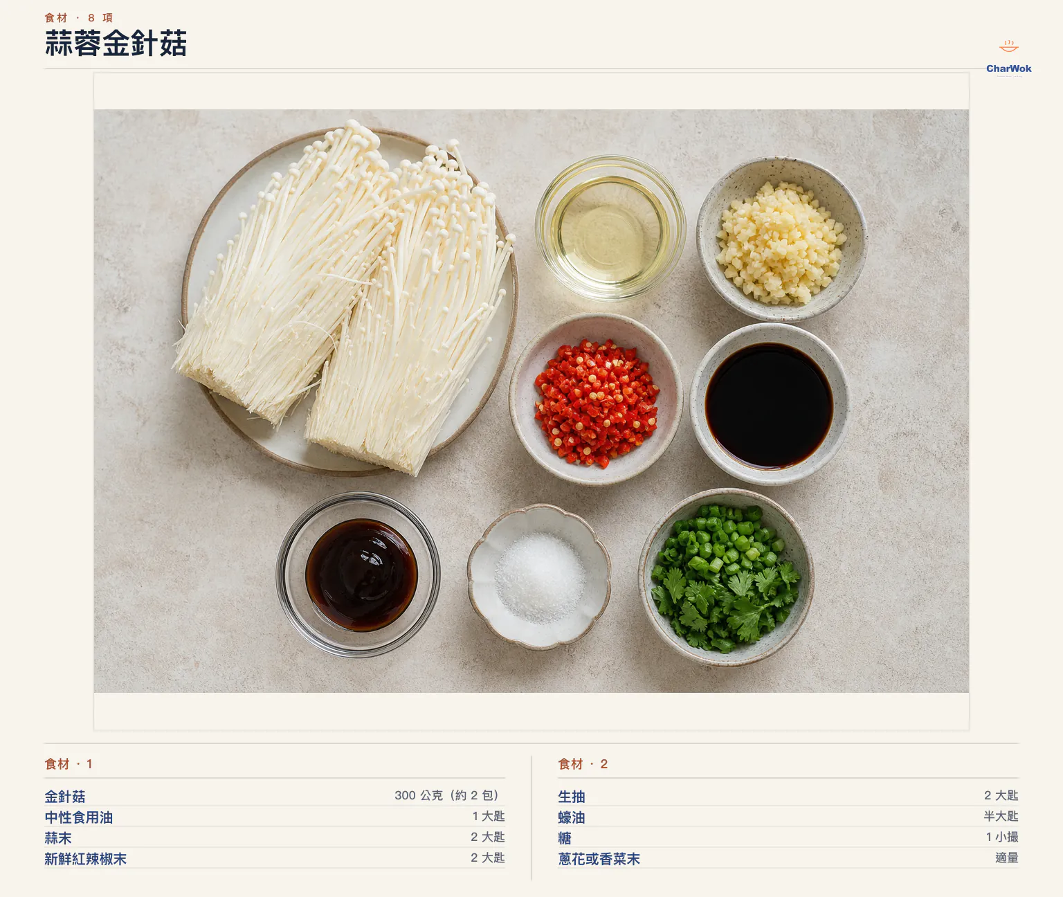 蒜蓉金針菇完整食材俯拍平鋪圖