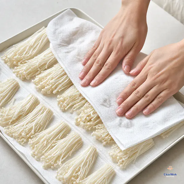 Two hands press washed bite-size enoki bundles between clean kitchen paper while the intact white stems and tiny caps remain crisp
