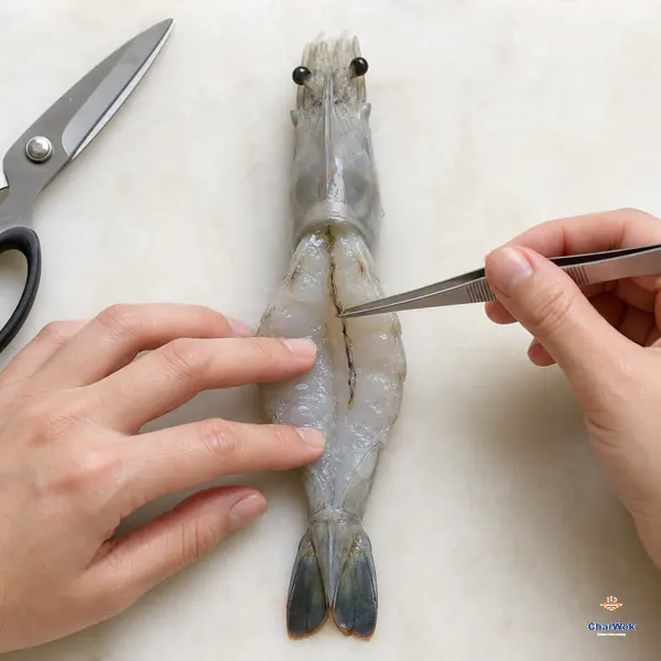 Tweezers lift the dark vein from one raw head-on prawn whose back is cut open and spread flat while the head and tail remain intact
