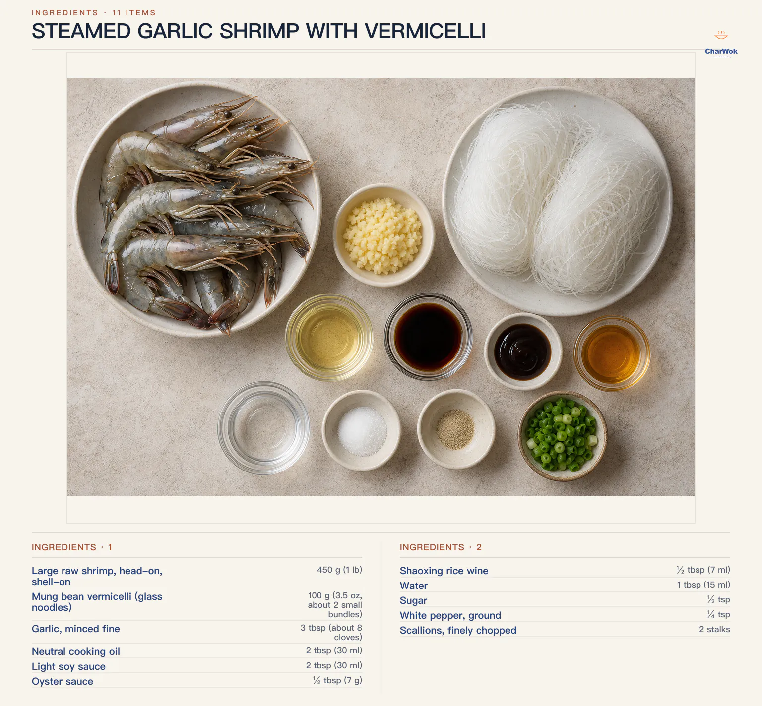 Ingredients for Steamed Garlic Shrimp with Vermicelli, arranged in a top-down flat lay