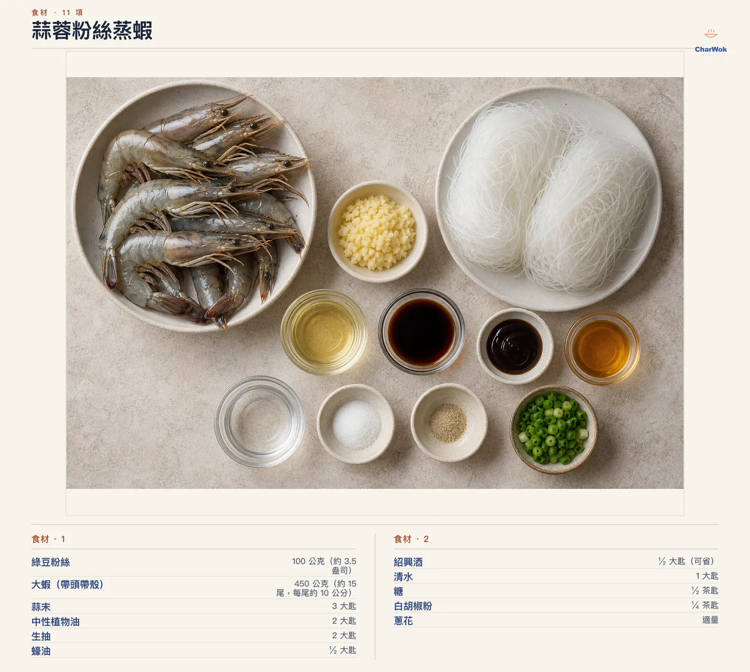 蒜蓉粉絲蒸蝦完整食材俯拍平鋪圖