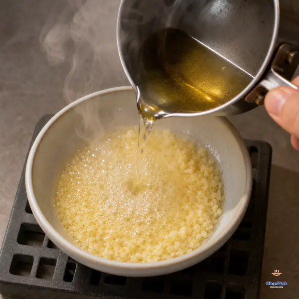 A controlled stream of clear shimmering hot oil hits finely minced garlic in a heatproof bowl and raises a dense layer of fine sizzling bubbles
