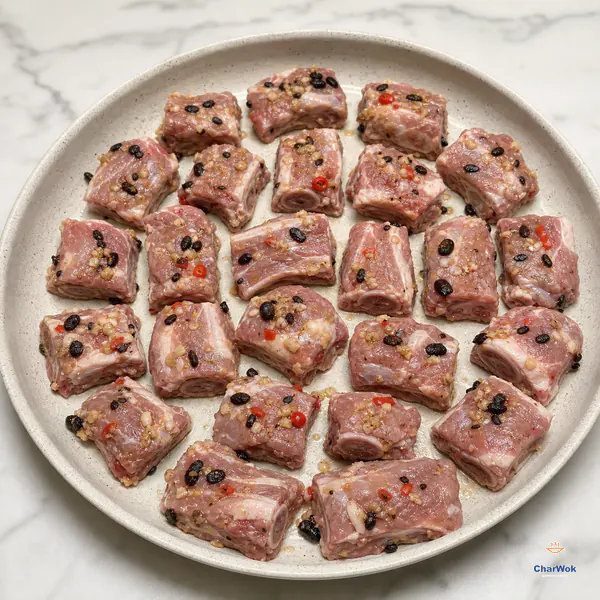 Raw marinated pork ribs flecked with black beans, garlic, ginger and red chilli lie flat without overlap on a wide shallow heatproof plate