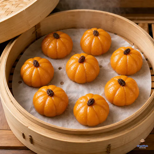 Intact orange pumpkin-shaped glutinous rice cakes with deep grooves and raisin stems rest untouched and evenly spaced in a bamboo steamer