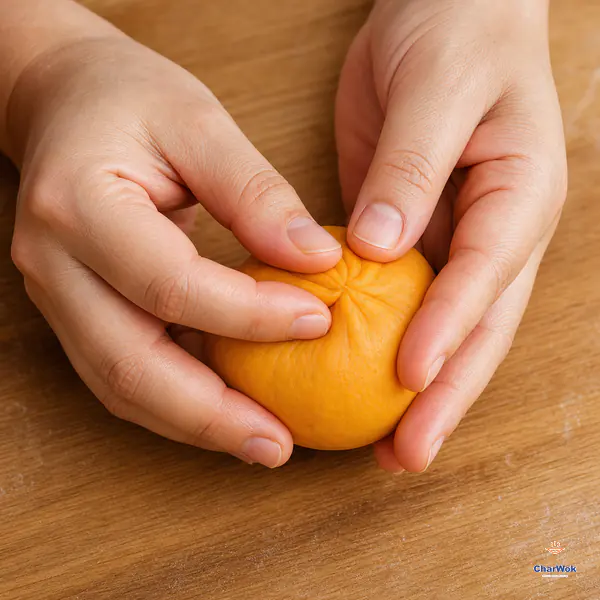 Thumbs push orange glutinous rice dough up around one firm red bean paste ball and pinch the gathered top into a complete smooth seal