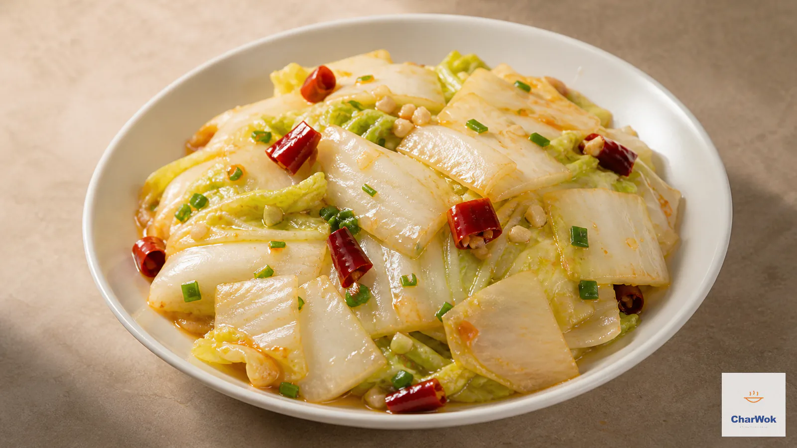 Glossy stir-fried Napa cabbage with crisp white ribs, dried red chillies, garlic and scallion