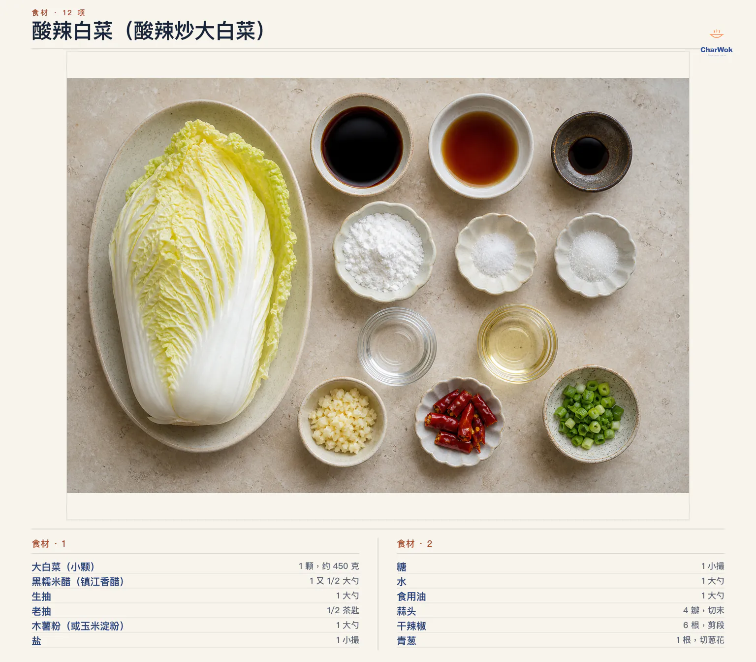 酸辣白菜(酸辣炒大白菜)完整食材俯拍平铺图