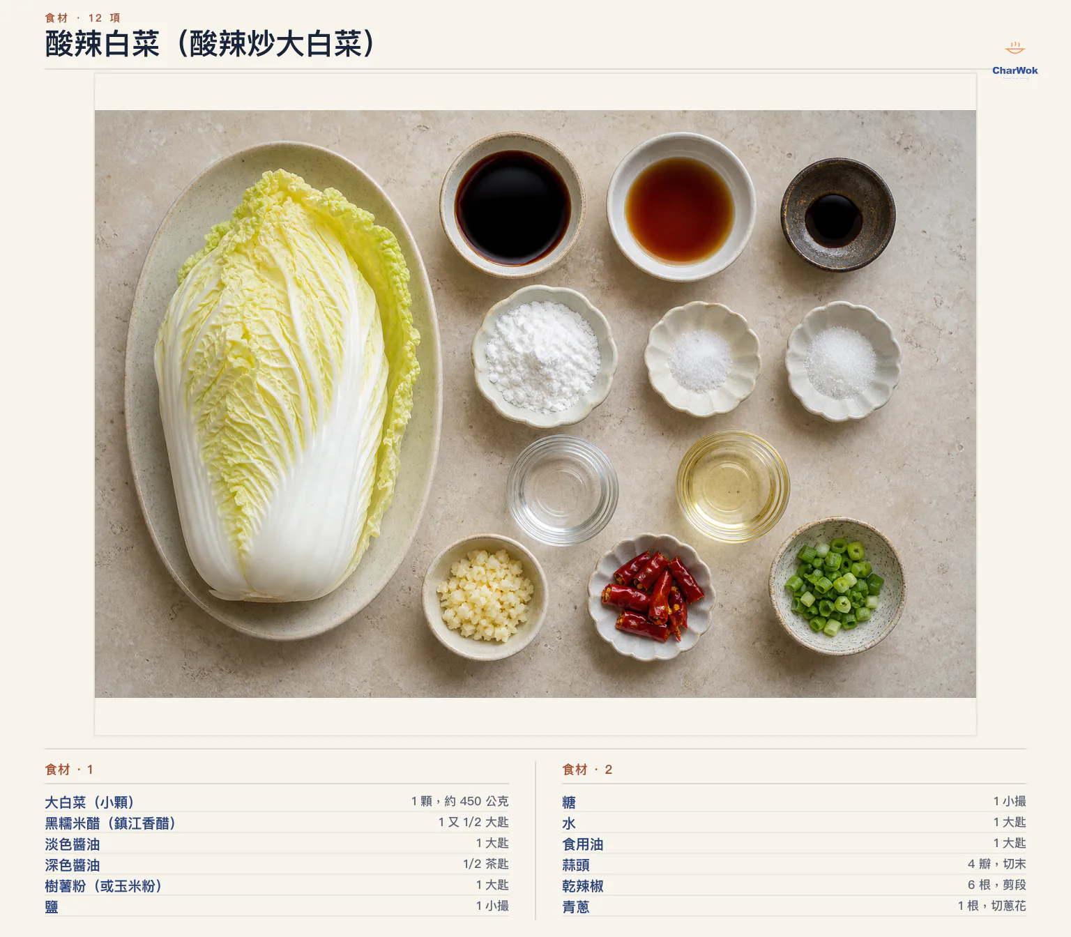酸辣白菜(酸辣炒大白菜)完整食材俯拍平鋪圖