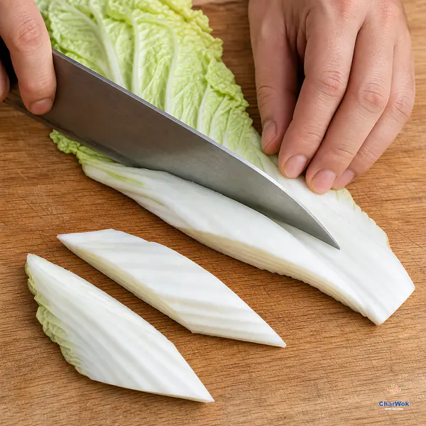 A knife held at a shallow angle slices dry Napa cabbage ribs into rough four-centimeter pieces with long sloped exposed faces