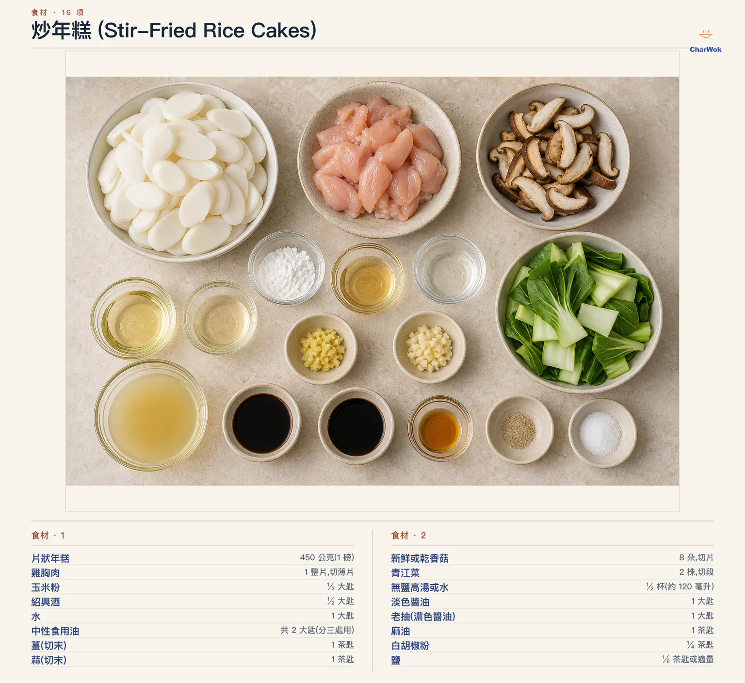 炒年糕 (Stir-Fried Rice Cakes)完整食材俯拍平鋪圖
