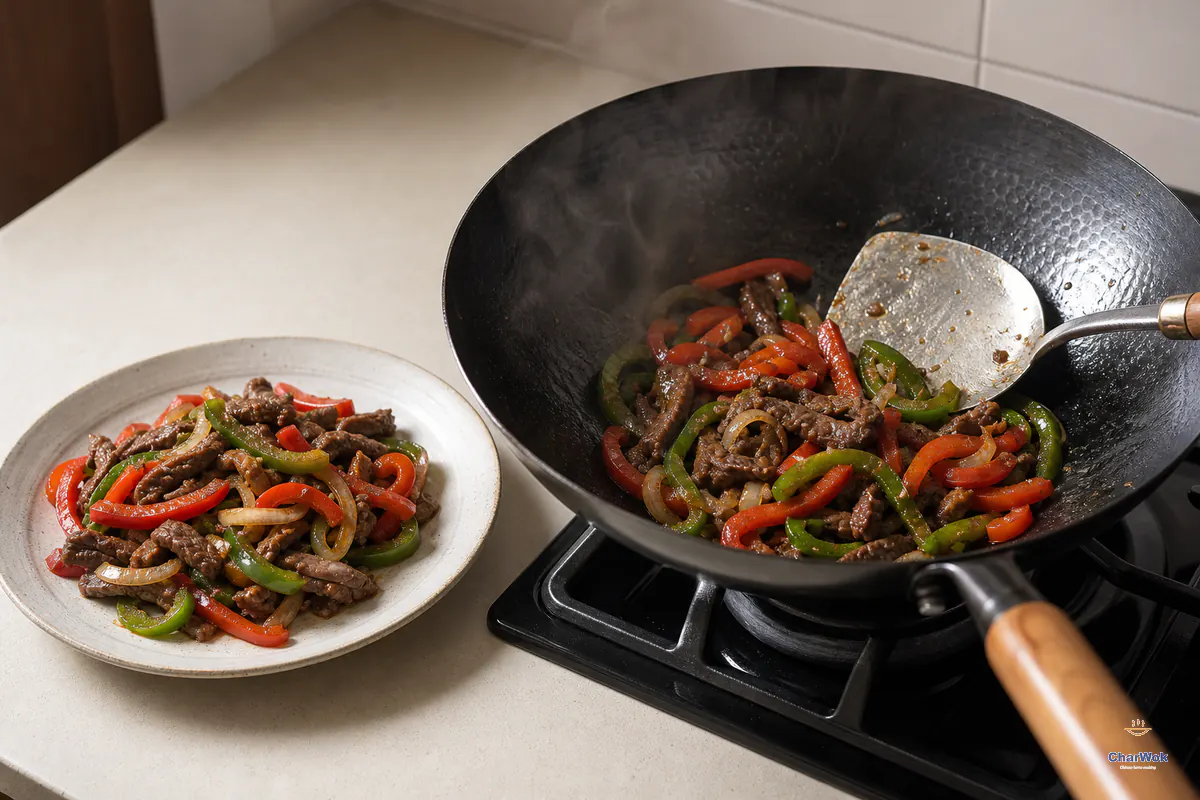Black pepper beef and peppers in a carbon-steel wok with a finished plate beside it