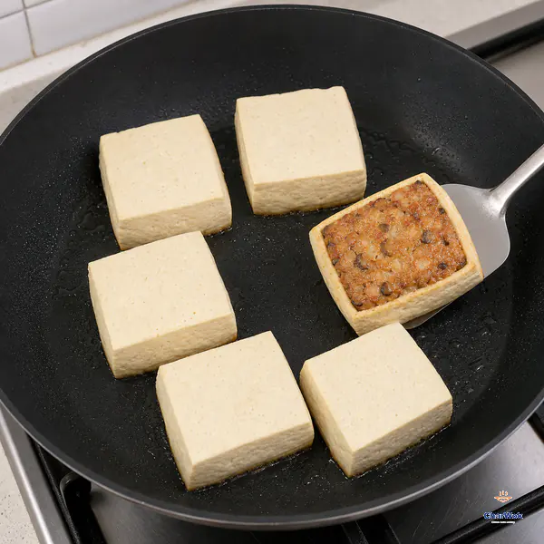 Five stuffed tofu blocks fry with plain backs upward while a spatula lifts one to reveal a deep golden filling crust firmly attached inside its pocket