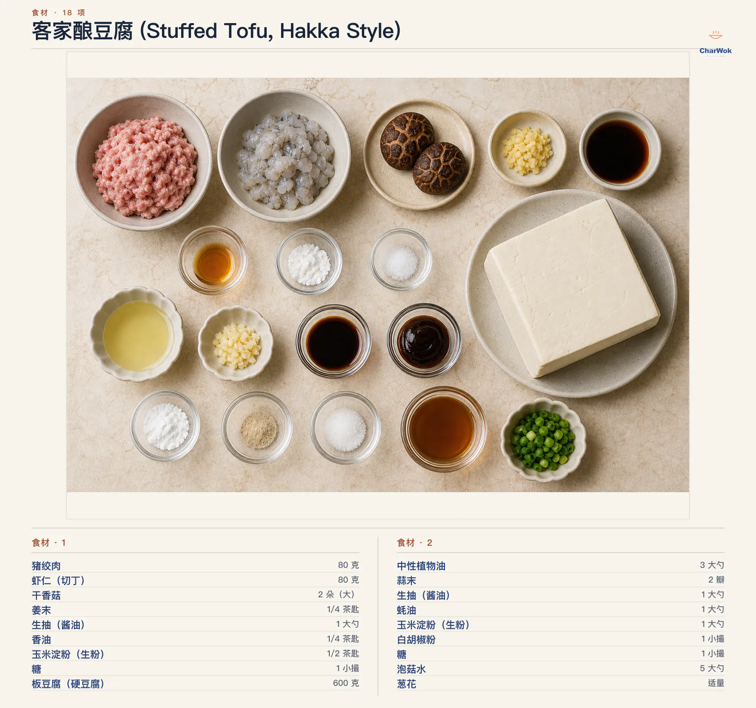 客家酿豆腐 (Stuffed Tofu, Hakka Style)完整食材俯拍平铺图