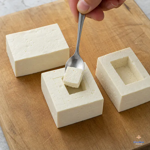 A teaspoon lifts the center plug from the scored top of a thick firm-tofu block, leaving a half-depth pocket with wide side walls and an intact floor